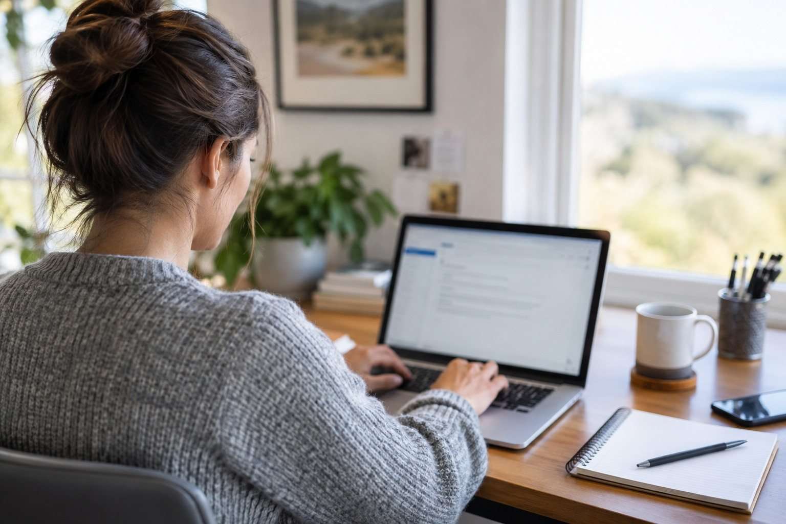 Cómo empezar un email formal sin sonar distante ni dar rodeos — Imagen 1 Una profesional redacta un correo en un ordenador portátil junto a una ventana.