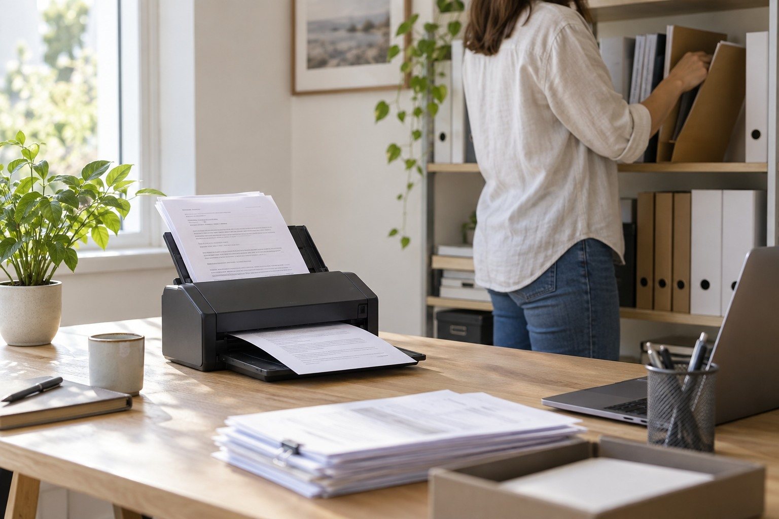 Escáner para una pequeña empresa: cómo elegirlo según documentos, volumen y flujo de trabajo — Imagen 1 Pequeño despacho luminoso con un escáner de documentos compacto procesando varias hojas y una persona organizando carpetas